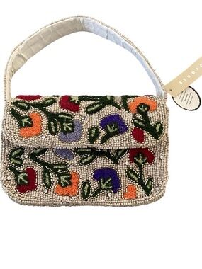 NWT Studio 12 Handcrafted Glass Beaded Floral Flap Shoulder Bag